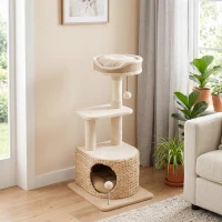 PawHut Copac pentru Pisici Design Modern Stil Împletit cu Stâlp pentru Zgâriat 4 Niveluri Cuib din Stuf Culcuș din Iută 87 cm Bej(m-2)