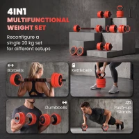 SPORTNOW 20kg 6-In-One Adjustable Weight Dumbbells Set, Barbell, Kettlebell, Push Up Stand - Red(m-4)