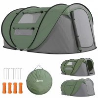 Outsunny 3 Person Pop-up Camping Tent, Family Dome Tent with Ground Sheet, 4 Windows and Portable Carry Bag for Beach Outdoor Trip, Dark Green(m-11)