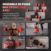SPORTNOW Kit haltères musculation, haltères réglables 4 en 1, 20 kg, avec disques et barres, équipement de gym à domicile, rouge(m-4)