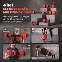 SPORTNOW Set Greutăți 4 în 1 de 20kg, Convertibil în Kettlebell, 2 Gantere, Bară și Suport pentru Flotări, Roșu(m-4)