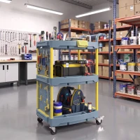 HOMCOM Carrinho de Ferramentas 3 Prateleiras com Painel Perfurado, Ganchos, Rodas com Freio e Alça, Cinza e Amarelo(m-4)
