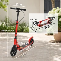 SPORTNOW Trotinetă pliabilă din aluminiu, ghidon reglabil, frânare dublă mână/picior, roți PU Ø 18 cm, 86x38x103,5cm, roșu(m-3)