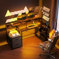 HOMCOM Bureau Gaming d'Angle 165 x 80 cm, Éclairage LED et Station de Charge, Support pour 2 Écrans et 2 Tiroirs en Tissu, Noir(m-11)