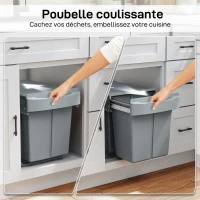 HOMCOM Poubelle cuisine, poubelle sous évier coulissante encastrable avec 2 x 20 L compartiments amovibles, 52x33,5x41cm, gris(m-4)