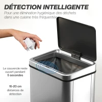 HOMCOM Poubelle à Capteur de 50L, Couvercle à Fermeture en Douceur, Poubelle de Cuisine Automatique Acier Inoxydable, Argenté(m-4)