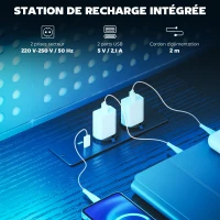 HOMCOM Bureau Gaming d'Angle 165 x 80 cm, Éclairage LED et Station de Charge, Support pour 2 Écrans et 2 Tiroirs en Tissu, Noir(m-5)