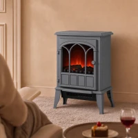 HOMCOM Freestanding Electric Fireplace, Electric Log Burner with LED Flame Effect, Overheating Safety System, 1000W/2000W Grey(m-3)