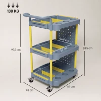 HOMCOM Carrinho de Ferramentas 3 Prateleiras com Painel Perfurado, Ganchos, Rodas com Freio e Alça, Cinza e Amarelo(m-3)