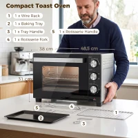 HOMCOM Horno Eléctrico 1500W 28L con Temperatura Regulable Máx 230°, Temporizador 60 min, Rejilla, Bandeja, Mango para Bandeja(m-3)