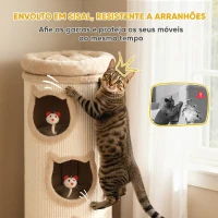 PawHut Barril Arranhador para Gatos 4 Níveis Ø38x96 cm, com 3 Tocas, Cama Superior Lavável, Sisal e 3 Brinquedos, Creme(m-5)