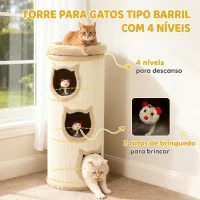 PawHut Barril Arranhador para Gatos 4 Níveis Ø38x96 cm, com 3 Tocas, Cama Superior Lavável, Sisal e 3 Brinquedos, Creme(m-4)
