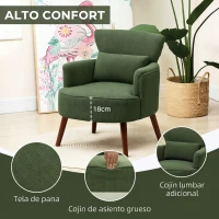 HOMCOM Sillón Relax Sofá Individual de Pana con Cojín Reposabrazos Patas de Madera para Dormitorio Oficina Verde(m-5)
