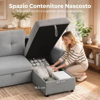 HOMCOM Divano Letto 3 Posti Estraibile con Chaise Longue Contenitore e Cuscini in Tessuto, Grigio(m-5)