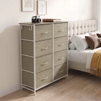 HOMCOM Chest of Drawers, Dresser for Bedroom with 8 Fabric Drawers, Tall Storage Unit w/ Side Storage Bag, Natural Wood Finish(m-9)