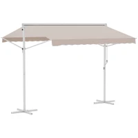 Outsunny Store Double Pente 3 x 3 m Manuel rétractable Inclinaison réglable Acier époxy Blanc Polyester imperméabilisé Anti-UV Beige(m-1)