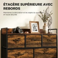 HOMCOM Commode, meuble de rangement avec 5 tiroirs en tissu pliables, plateau et cadre en acier, 98 x 29 x 63 cm, brun rustique(m-5)