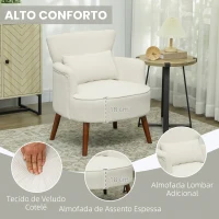 HOMCOM Poltrona Relax Individual em Bombazina com Almofada, Braços e Pés de Madeira para Quarto e Escritório, Creme(m-5)