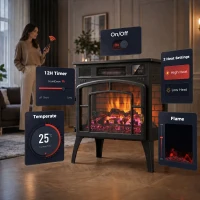 HOMCOM Smart Electric Fireplace Stove Log Burner, 3-Sided Glass WiFi Electric Fire Heater w/ 5-Colour Flame, Black(m-6)