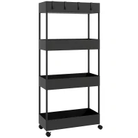HOMCOM Küchenwagen mit 4 Regalen, 4 flexiblen Haken, 4 Rollen, 40 cm x 19 cm x 90 cm, Nischenwagen, Schwarz(m-1)