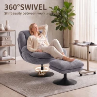 HOMCOM Modern Chenille Lazy Chair with Ottoman, 360° Swivel, Upholstered Reading Seat Set for Living Room, Dark Grey(m-5)
