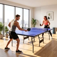 SPORTNOW Mesa de Ping Pong Dobrável Profissional com Rodas Inclui 2 Raquetes e 3 Bolas para Interior 274x152,5x76 cm Azul(m-8)