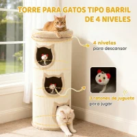 PawHut Barril Rascador para Gatos de 4 Niveles Ø38x96 cm con 3 Cuevas Cama Superior Lavable Cubierto de Sisal 3 Juguetes Crema(m-4)