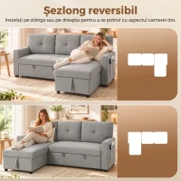 HOMCOM Canapea extensibilă 3 locuri cu șezlong convertibil, spațiu de depozitare, 3 perne, material cu efect de in, gri(m-6)