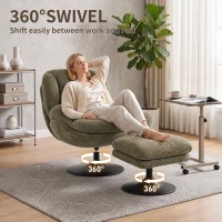 HOMCOM Modern Chenille Lazy Chair with Ottoman, 360° Swivel, Upholstered Reading Seat Set for Living Room, Dark Green(m-5)