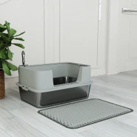PawHut Bac à litière XL en acier inoxydable, maison de toilette pour grand chat, nettoyage facile 60,2 x 40,2 x 29,5 cm, gris(m-9)