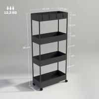 HOMCOM Küchenwagen mit 4 Regalen, 4 flexiblen Haken, 4 Rollen, 40 cm x 19 cm x 90 cm, Nischenwagen, Schwarz(m-3)