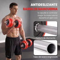 HOMCOM Juego de Mancuernas Ajustables 4 en 1 20 kg como Barra, Mancuernas, con 8 Discos 2 Barras y Biela Ajustable para Entrenamiento de Fuerza, Levantamiento de Pesas, Hogar, Gimnasio, Oficina(m-7)