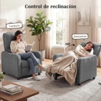 HOMCOM Sillón Relax Reclinable Manual hasta 155° de Tejido Efecto Lino Reposapiés Muelles Ensacados Acolchado Grueso Gris(m-4)