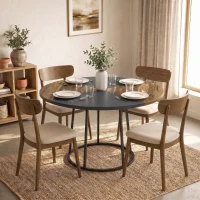 HOMCOM Masă de Dining Rotundă pentru 4-6 Persoane, Blat Bicolor MDF și Metal, 120x120x75 cm, Maro Rustic și Negru(m-2)