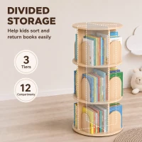 AIYAPLAY 3-Tier Rotating Bookcase, Round Kids Bookshelf Floor Standing 360° Rotating for Bedroom, Kids Room and Playroom, Natural(m-5)