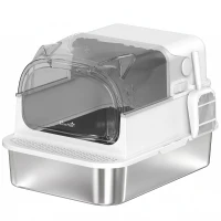 PawHut Lettiera Gatti Chiusa XL 3 in 1 90L in Acciaio Inox con Coperchio Rimovibile, Paletta, Bianco(m-1)