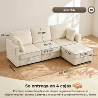 HOMCOM Sofá Chaise Longue de 3 Plazas con Almacenaje y Otomana Reversible de Pana 235x153x85 cm Blanco Crema(m-3)