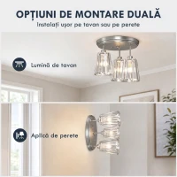 HOMCOM Plafonieră LED din Cristal cu 3 Lumini, Dulii E27, fără Becuri, pentru Living, Argintie(m-6)