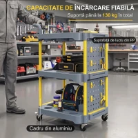 HOMCOM Cărucior portscule cu 3 rafturi, panou perforat, cârlige, roți cu frână și mâner, gri/galben(m-6)