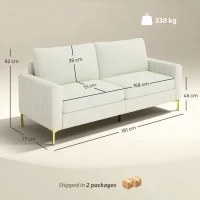 HOMCOM Sofá de 3 Lugares de 181 cm Estofado em Veludo com Almofadas Espessas Pernas de Metal Branco Creme(m-3)