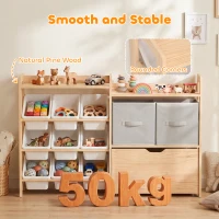 AIYAPLAY Wooden Toy Storage Unit with Rolling Toy Chest, 2 Fabric Drawers, 2 Shelves and 9 Bins for Bedroom, Playroom, Nursery(m-7)