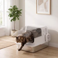 PawHut Lettiera Gatti Chiusa XL 3 in 1 90L in Acciaio Inox con Coperchio Rimovibile, Paletta, Bianco(m-8)