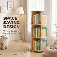 AIYAPLAY 3-Tier Rotating Bookcase, Round Kids Bookshelf Floor Standing 360° Rotating for Bedroom, Kids Room and Playroom, Natural(m-6)