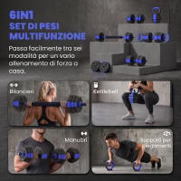 SPORTNOW Set Pesi da Palestra 6 in 1 in Plastica e Sabbia Utilizzabile come Kettlebell Manubri Bilanciere Supporto Blu(m-4)
