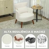HOMCOM Poltrona Relax Individual em Bombazina com Almofada, Braços e Pés de Madeira para Quarto e Escritório, Creme(m-4)