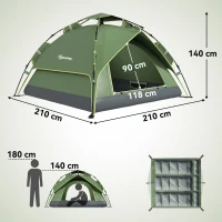 Outsunny Tente de camping tente pop up légère 2-3 pers. - 2 grandes portes - 210 x 210 x 140 cm fibre verre polyester(m-3)