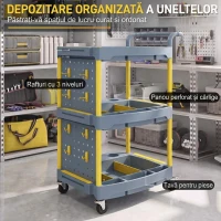 HOMCOM Cărucior portscule cu 3 rafturi, panou perforat, cârlige, roți cu frână și mâner, gri/galben(m-4)