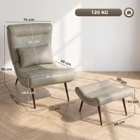 HOMCOM Sillón con Reposapiés Asiento Ancho Cojín Lumbar y Respaldo Curvo Tapizado en Leathaire Patas de Acero Blanco Crema(m-3)