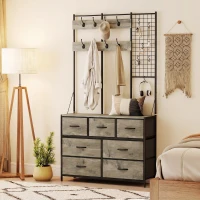 HOMCOM Porte-Manteau 4 en 1, Meuble d'Entrée avec 7 Tiroirs Pliables en Tissu, 14 Crochets et Panneau Grillagé, Gris Effet Bois(m-10)