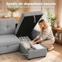 HOMCOM Canapea extensibilă 3 locuri cu șezlong convertibil, spațiu de depozitare, 3 perne, material cu efect de in, gri(m-5)
